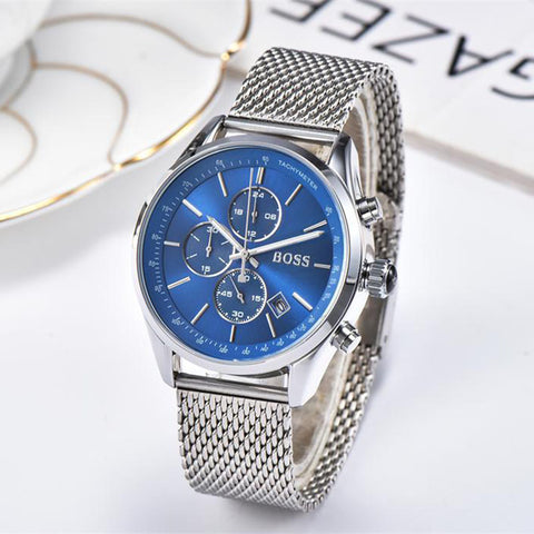 BOSS Men Watches Waterproof Date Wrist Watch Male Mesh Strap Casual Quartz Clock Watch Stainless Steel